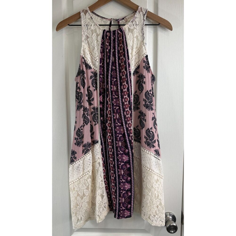 Altar'd State Women's Boho Purple Floral Lace Sleeveless Dress Size M